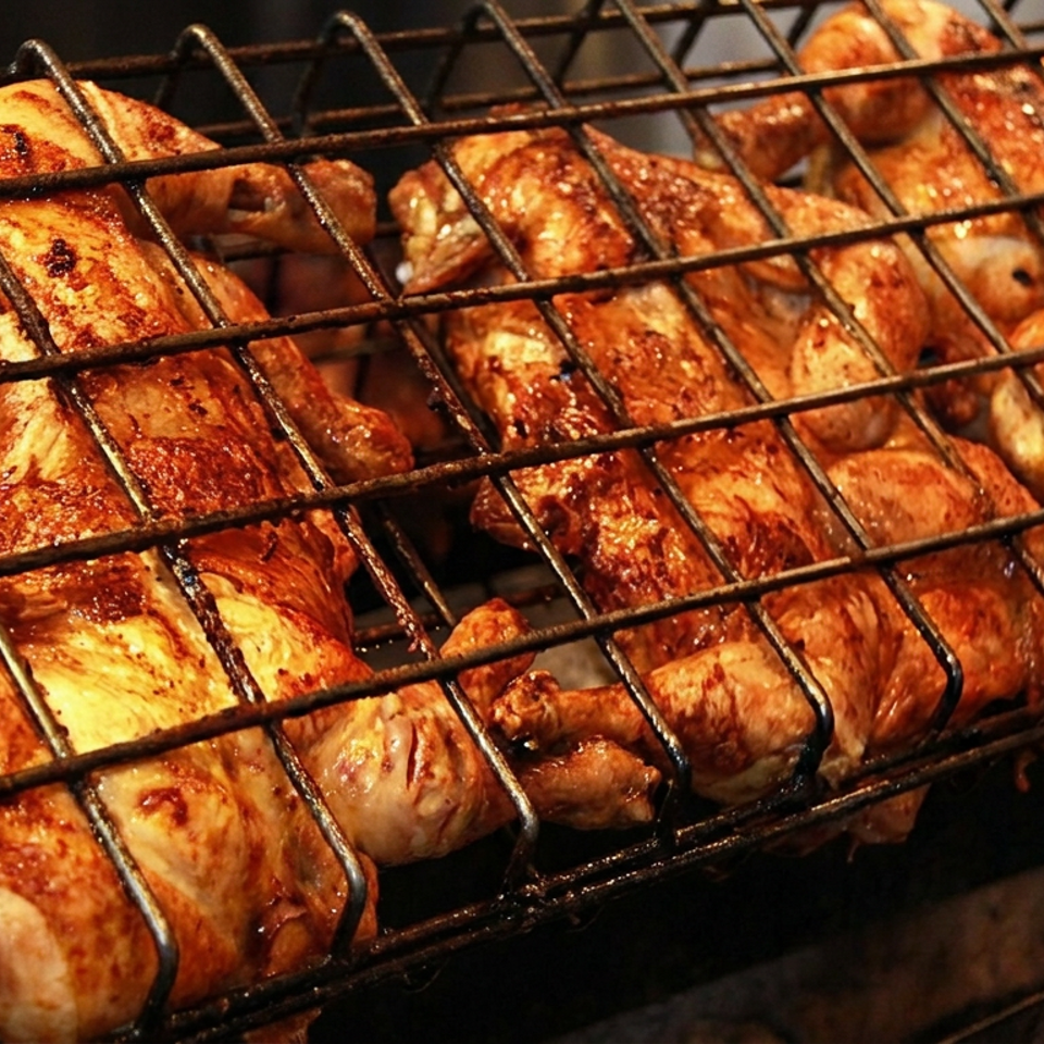 Golden-brown roasted chicken pieces cook in a hinged wire grill basket over glowing coals.