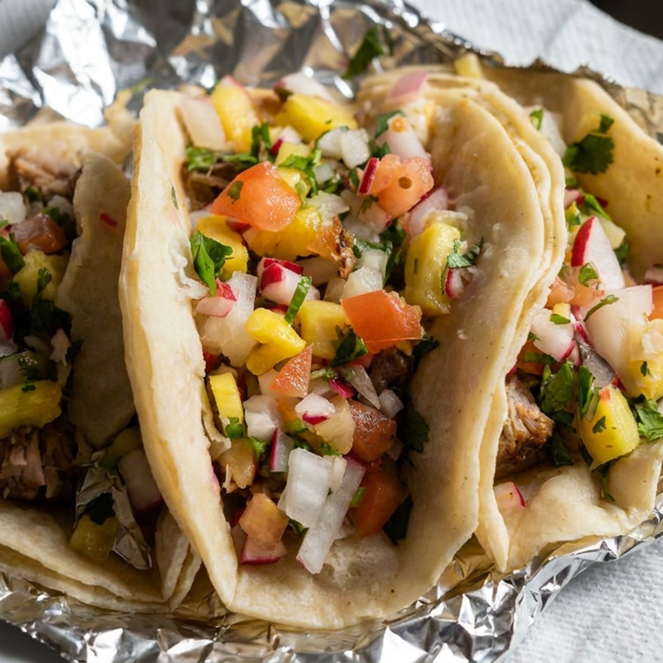 Three soft tacos filled with seasoned meat, pineapple salsa, diced vegetables, and cilantro, served on foil.