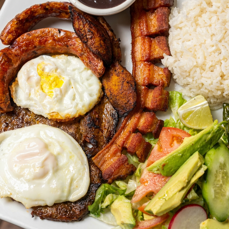 Latin American platter with grilled steak, sausages, fried eggs, rice, plantains, avocado salad, cucumber, lime, and peppers.