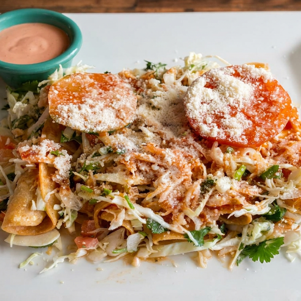 Tostada salad topped with tomatoes, shredded cabbage, herbs, crumbled cheese, and creamy dipping sauce on a white plate.