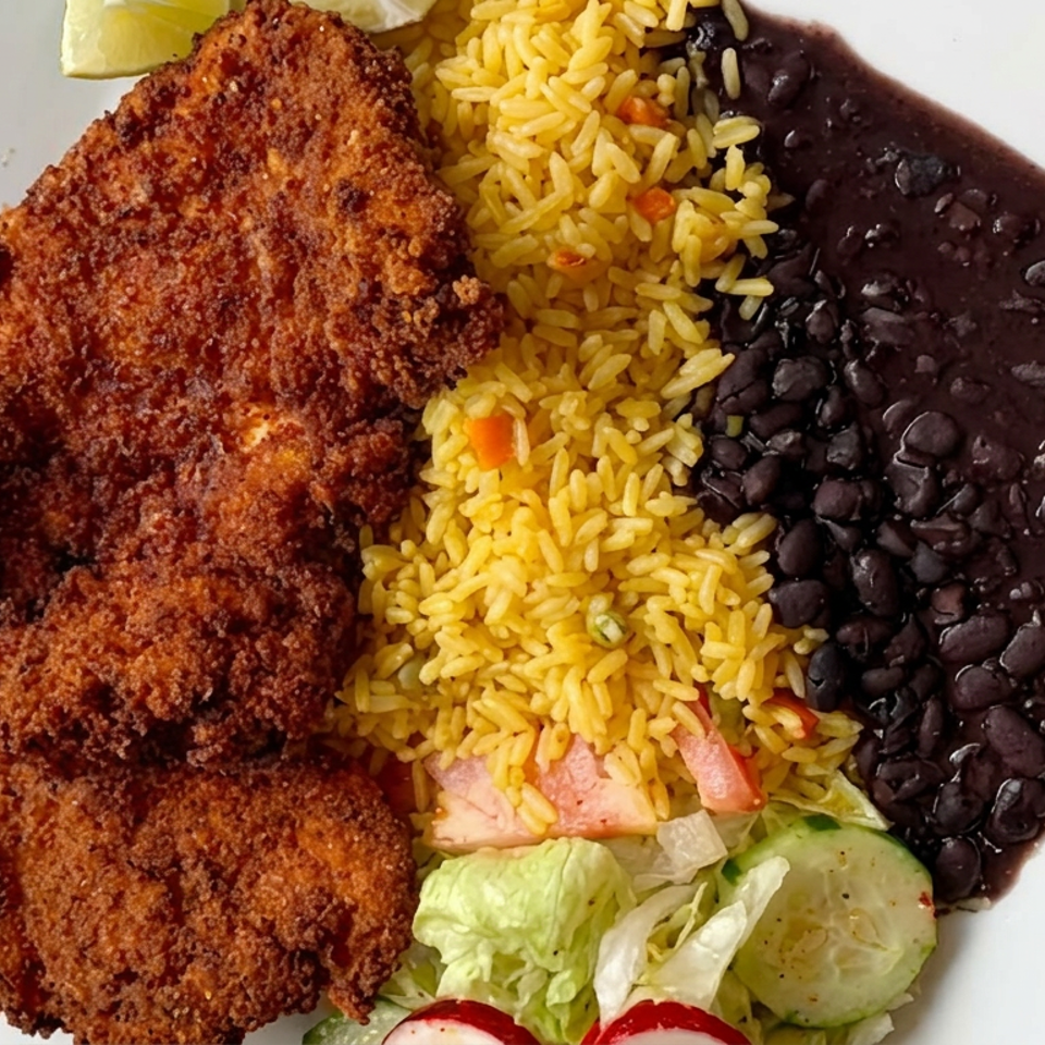 Breaded fried cutlets served with yellow rice, black beans, salad, and lime on a white plate.