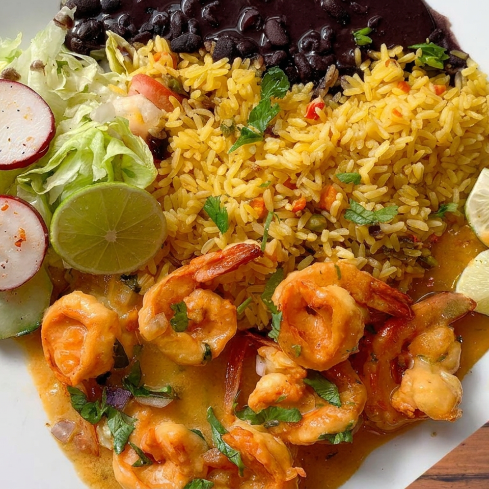 Plate of yellow rice, black beans, shrimp in sauce, lettuce, tomatoes, radishes, cucumber, and lime wedges.