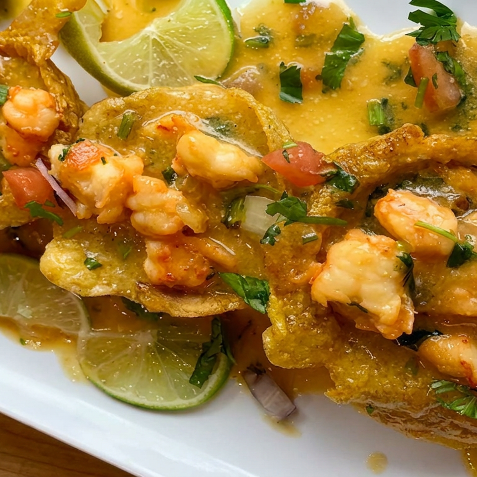 Crispy tortilla chips topped with shrimp, golden sauce, diced vegetables, cilantro, and lime slices on a white plate.